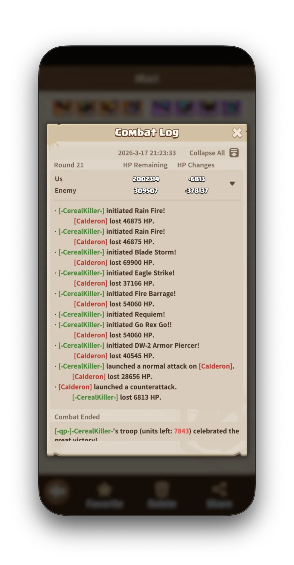 Calderon Combat Log — final rounds. Combat Ended. CerealKiller wins.