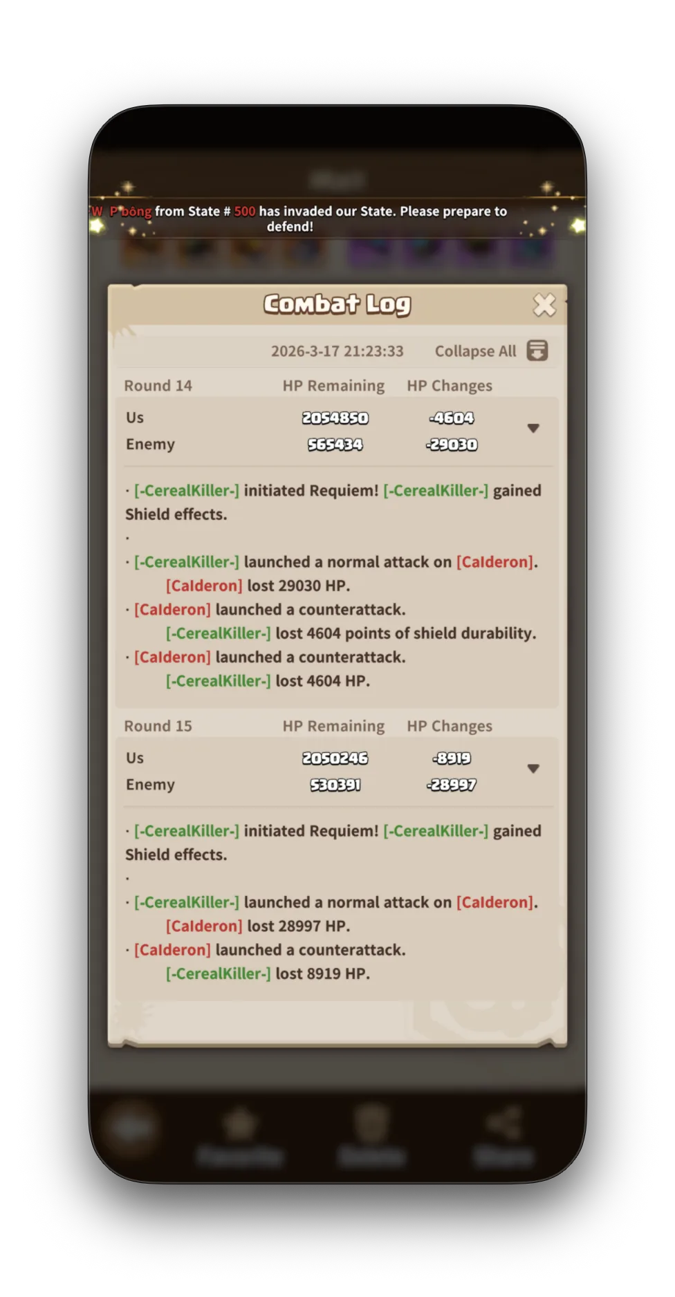 Calderon R11 combat log text — skills listed with damage values. Both sides fire simultaneously.