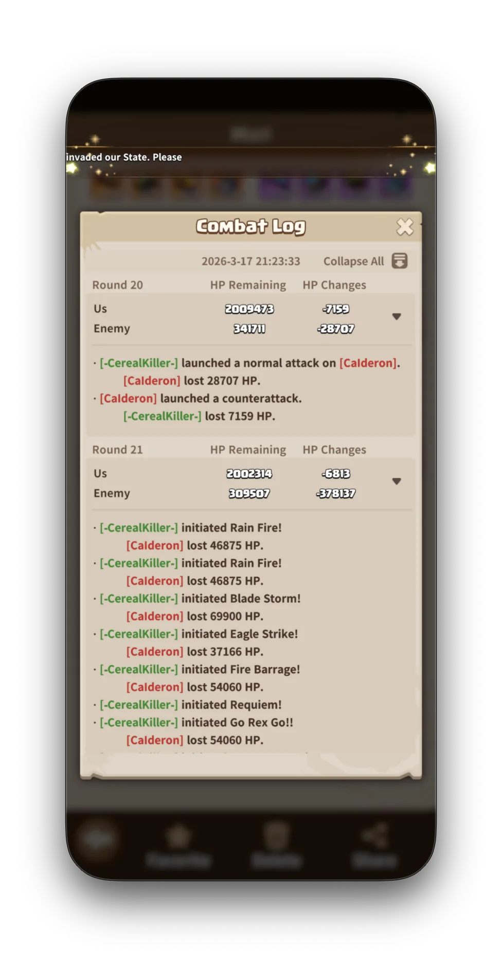 Calderon Combat Log Rounds 19-21. R21 shows skills firing for the second time. Damage values are lower than R11 due to troop degradation.