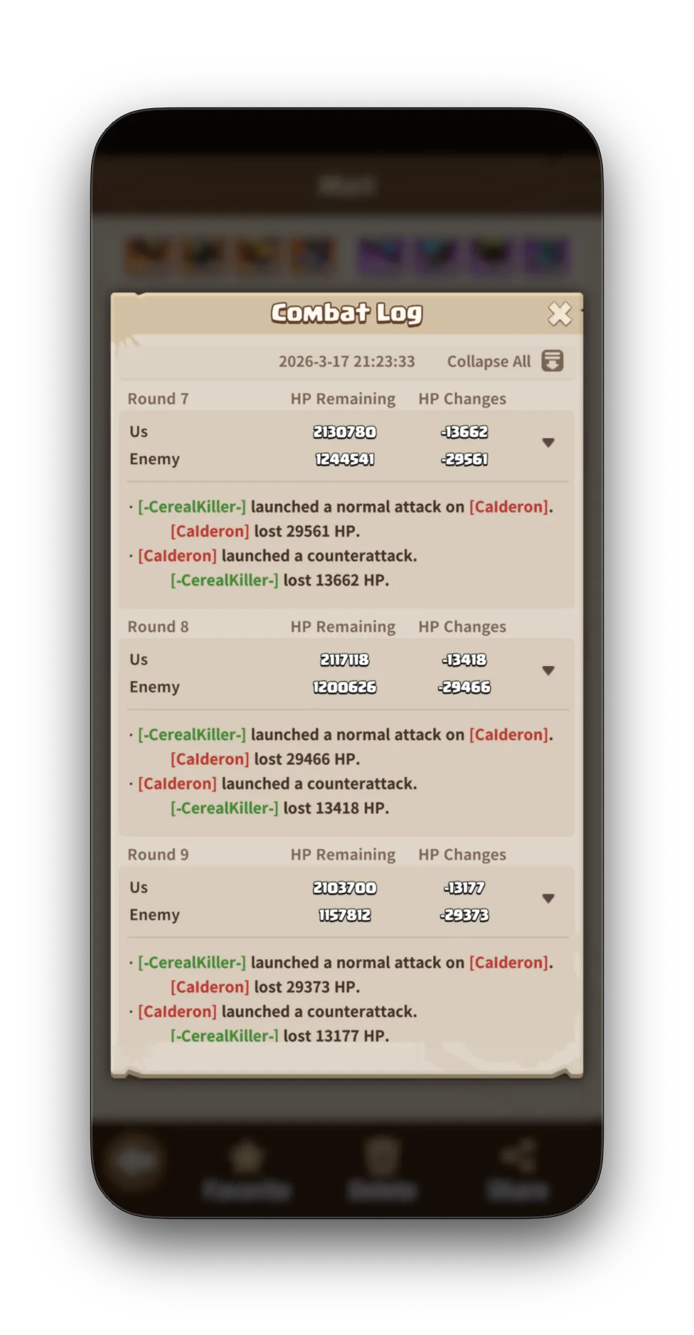 Calderon Combat Log Rounds 4-6. Both sides dealing and taking damage. The gap widens each round as the weaker side loses troops faster.