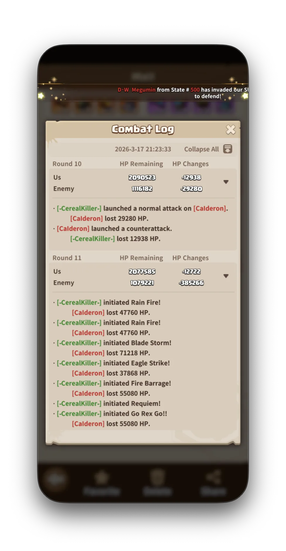 Calderon Combat Log Rounds 7-10. Approaching R11 where skills will fire. Damage per round slowly decreasing as troops die on both sides.