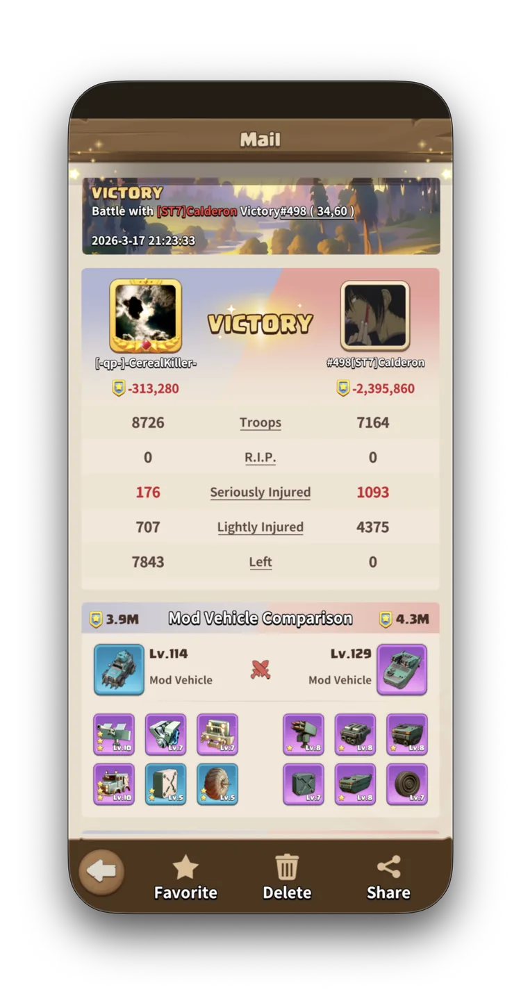 CK vs Calderon victory report — CK wins with 8,726 T9 troops vs Calderon 7,164 T10 troops. CK lost 1,544, Calderon lost all 7,164.