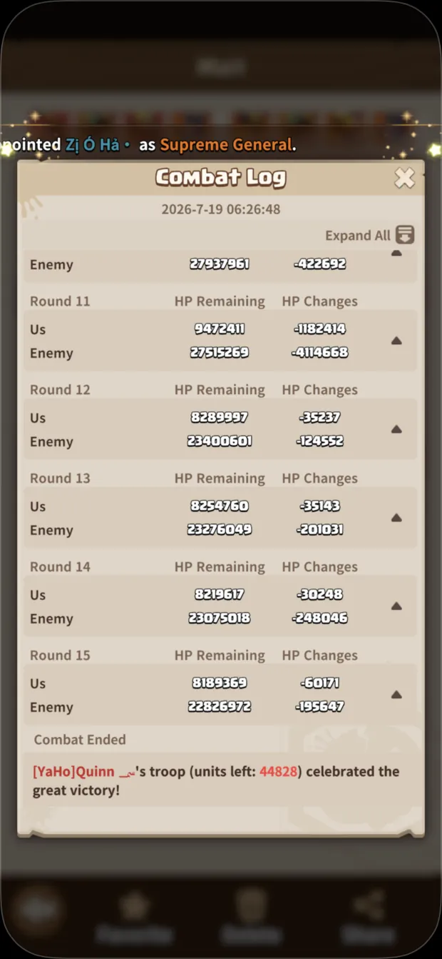 Combat log: Round 11 deals minus 4.1M, then rounds 12 to 15 fizzle