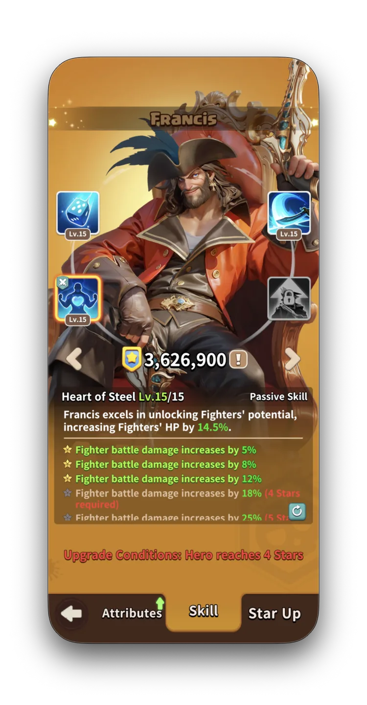 Francis Passive — Heart of Steel Lv.15/15: increases Fighters' HP by 14.5%.