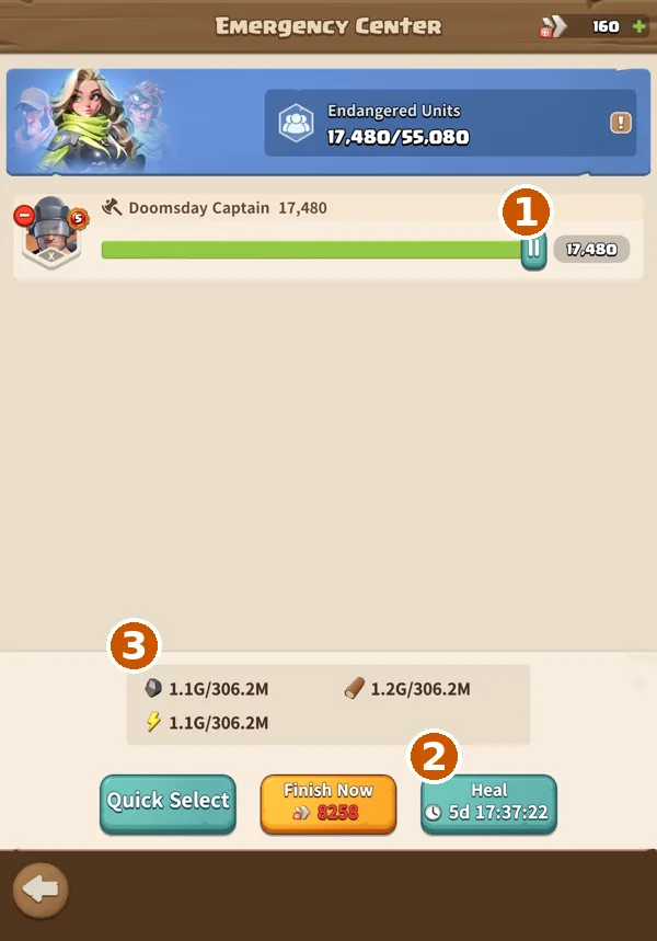Emergency Center: 1=troops, 2=heal time, 3=resource needed