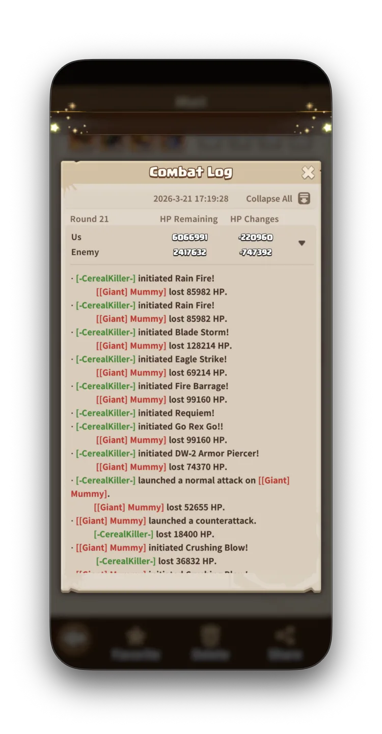 Mummy R21 — Rain Fire fires twice at 85,982 each. Fire Barrage and Go Rex Go both 99,160.