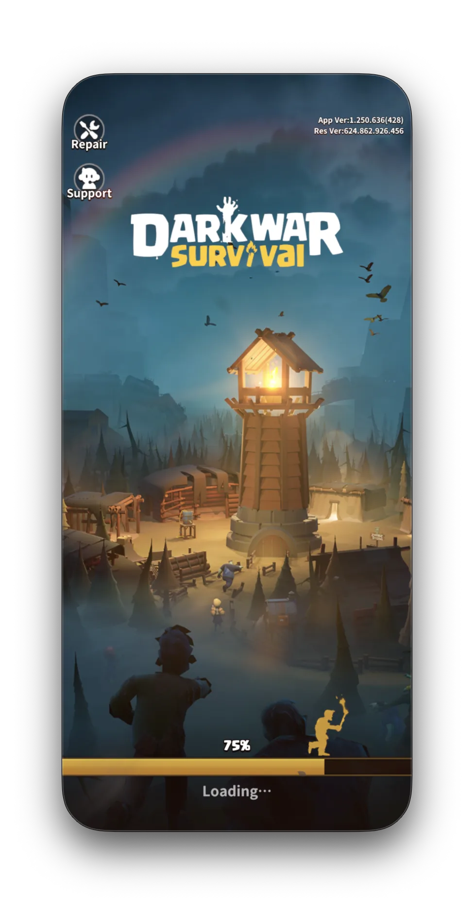 Dark War Survival loading screen — watchtower at dusk