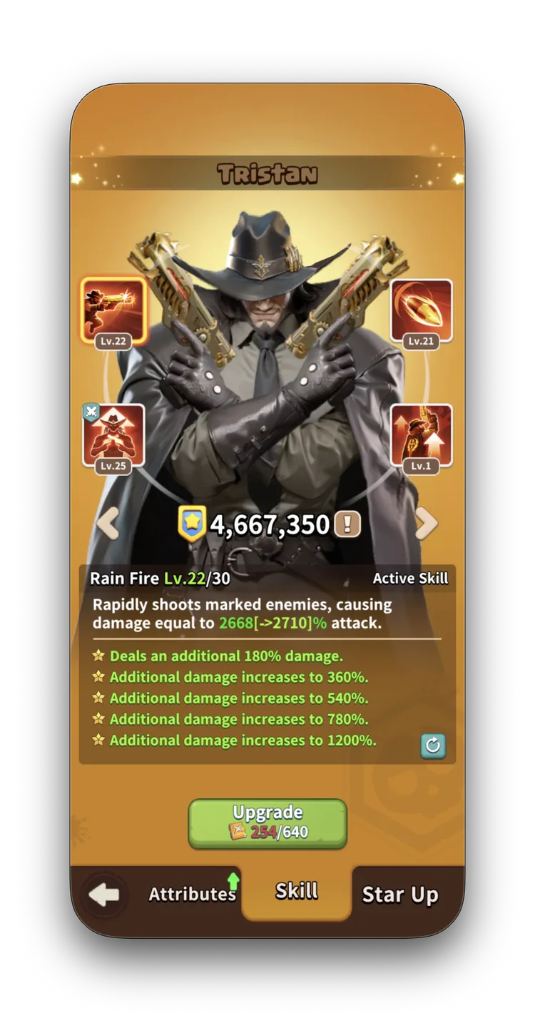 Tristan Skill tab — Rain Fire Lv.22/30, Active Skill: damage equal to 2668% attack.